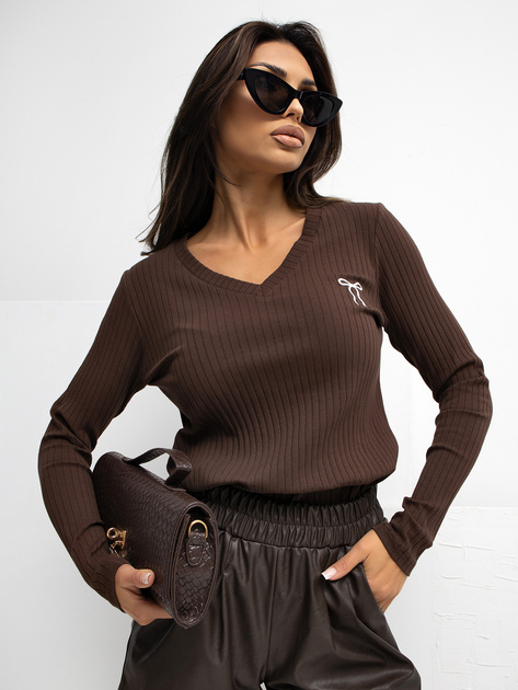 Czekoladowa dopasowana bluzka w prążek RUE PARIS 