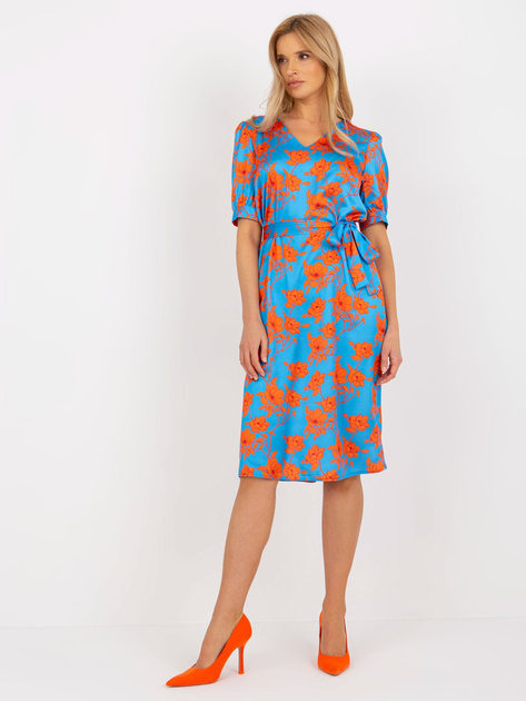 Hurt Niebiesko-pomarańczowa midi sukienka koktajlowa z paskiem