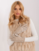 Beige Handschuhe mit geometrischem Muster.