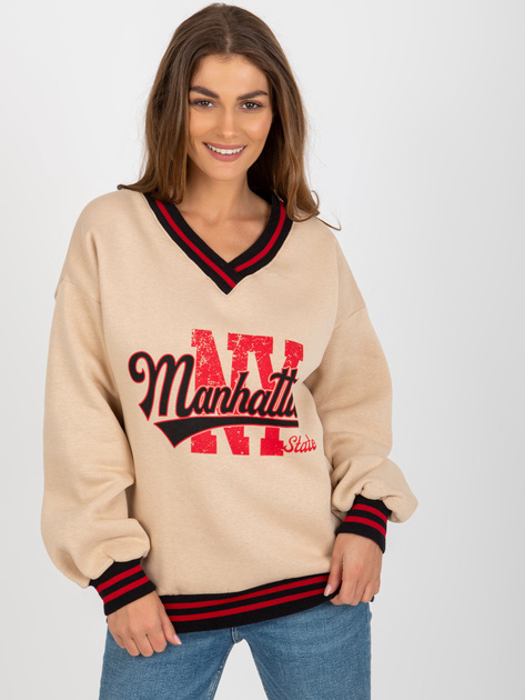 Hurt Beżowa damska bluza z napisami i dekoltem V