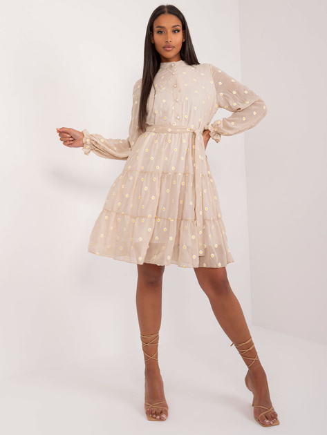 Hurtownia Beżowa sukienka koktajlowa z falbaną