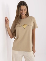 Camelowy damski t-shirt z bawełny 