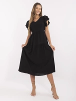 Schwarzes Midi-Kleid mit Bindung am Rücken.