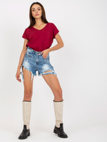 Hurt Bordowy damski t-shirt basic z dekoltem w serek