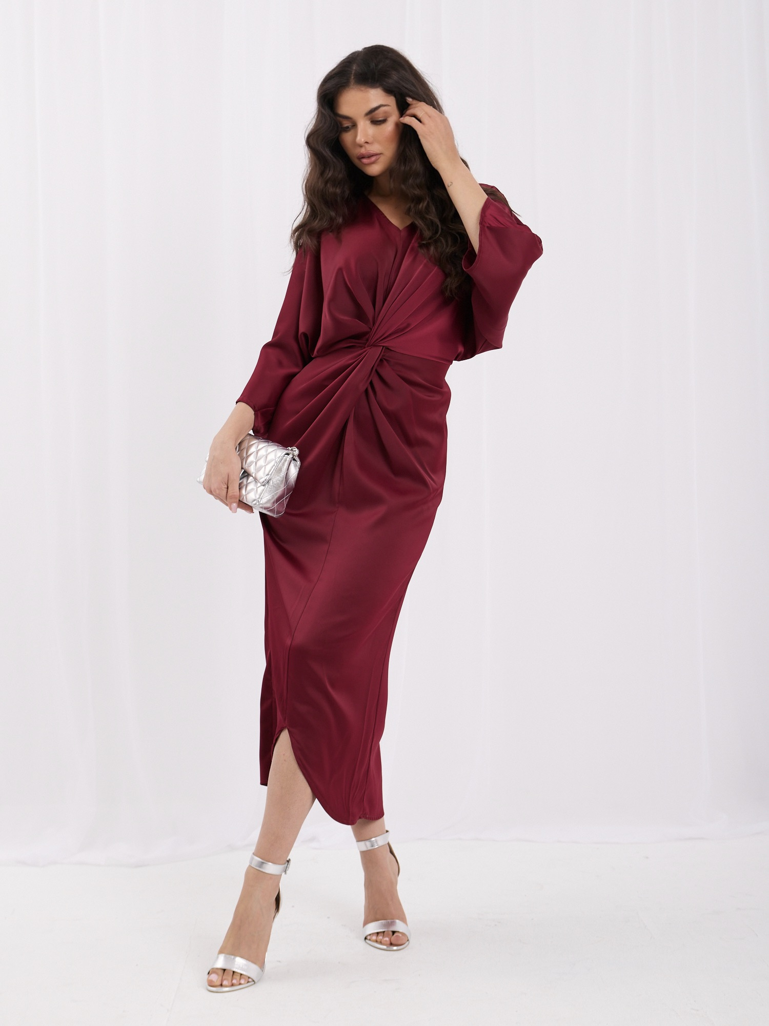 Bordeaux elegante Kleid mit 3/4-Ärmeln RUE PARIS.