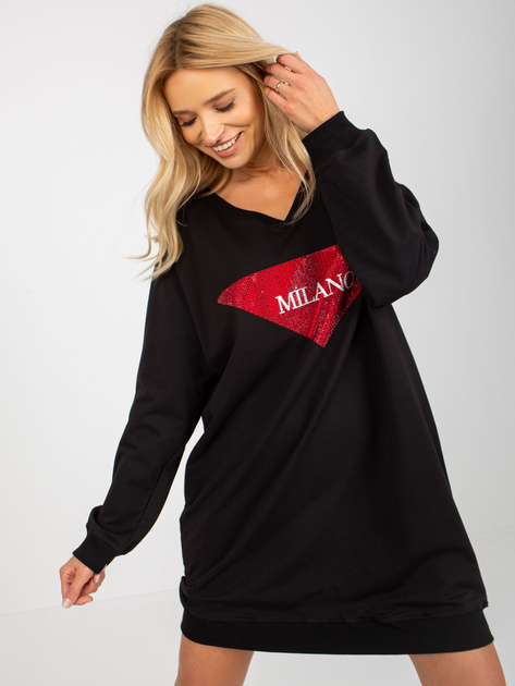 Hurt Czarna długa bluza oversize z aplikacją z dżetów
