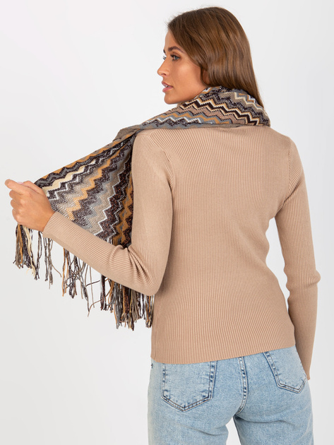 Hurtownia Beżowy damski wzorzysty szal z frędzlami