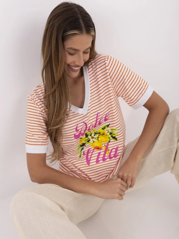 Pomarańczowo-biała letnia bluzka z dekoltem V