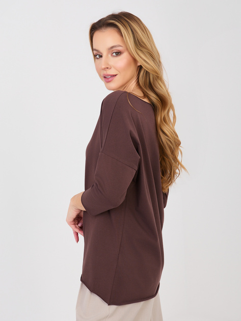 Czekoladowa bawełniana bluzka basic z rękawem 3/4 RUE PARIS