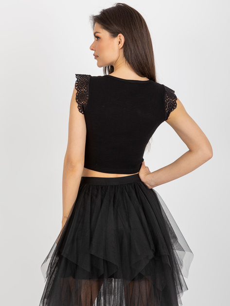 Hurt Czarna prążkowana bluzka z koronką przy rękawach