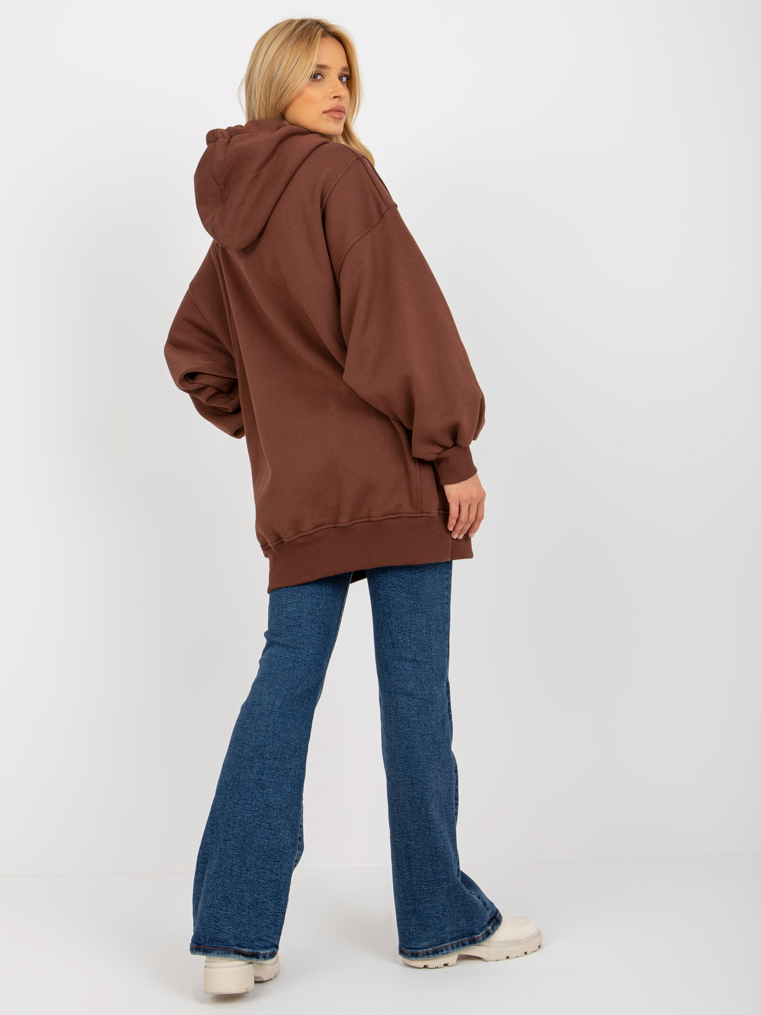 Ciemnobrązowa dresowa długa bluza basic oversize z kapturem