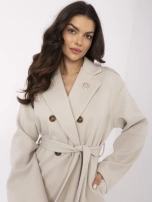 Jasnobeżowy dwurzędowy płaszcz damski z paskiem OCH BELLA