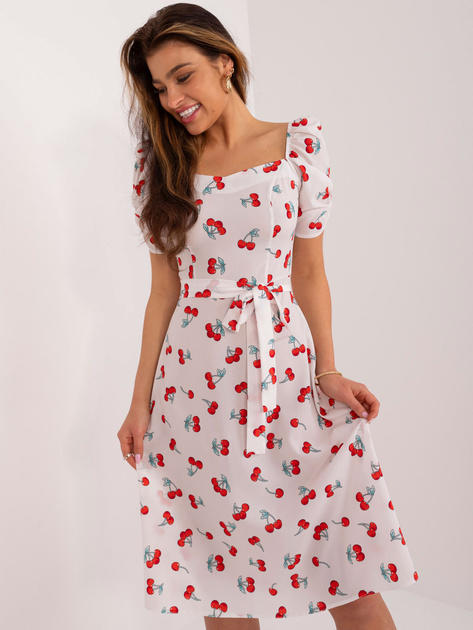 Hurt Biała trapezowa sukienka z bufiastymi rękawami