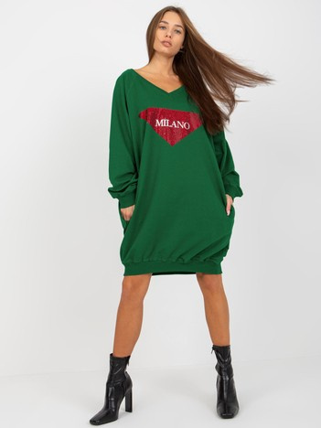 Hurtownia Ciemnozielona długa bluza oversize z aplikacją