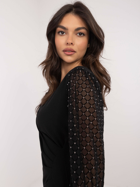 Hurt Czarna koktajlowa sukienka z siateczkowymi rękawami