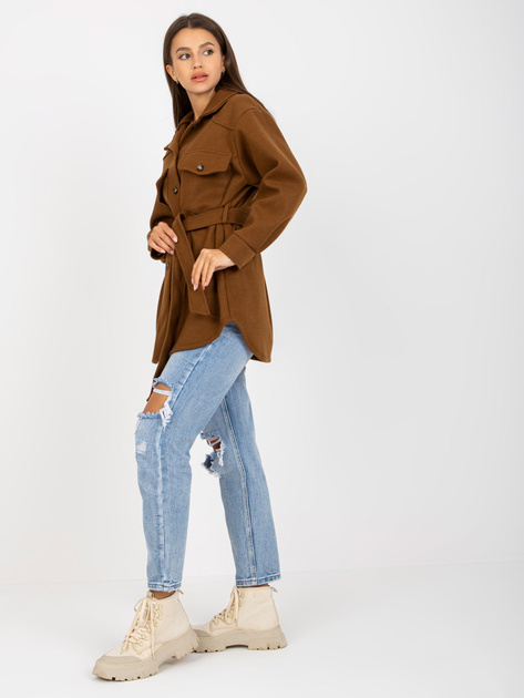 Hurtownia Brązowa damska koszula z kieszeniami i wiązaniem