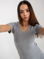 Gray striped basic blouse with a V-neck.