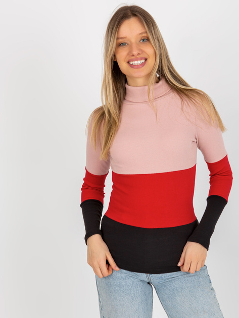 Hurt Jasnoróżowo-czarna bluzka basic z golfem w prążek