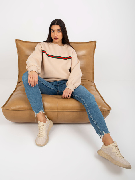 Hurtownia Beżowa dresowa bluza bez kaptura z paskiem