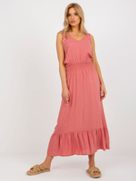 Hurt Ciemnoróżowa maxi sukienka z falbaną i gumką w pasie FRESH MADE 