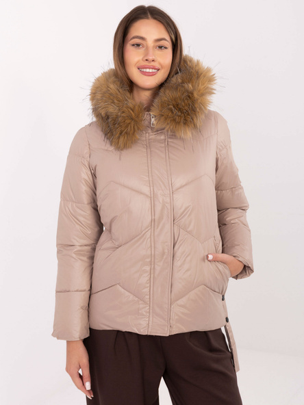 Beżowa zimowa kurtka z odpinanym futerkiem
