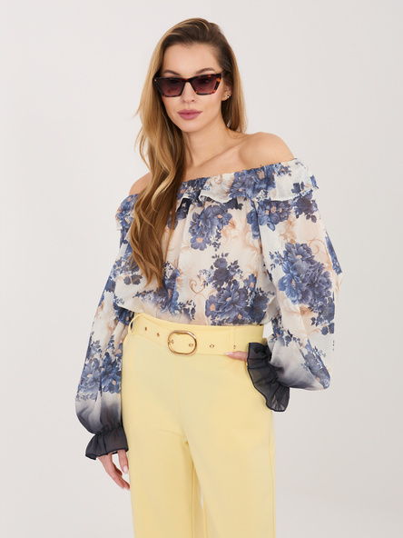 Ciemnoniebieska bluzka hiszpanka z bufiastym rękawem