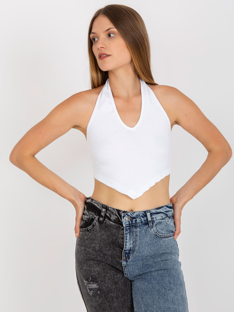 Hurtownia Biały prążkowany crop top basic na szyję RUE PARIS