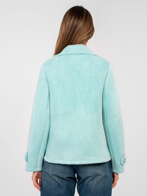 Pastelowy miętowy dwurzędowy płaszcz z paskami na rękawach