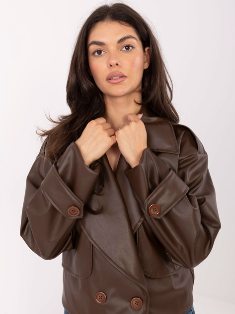 Brązowy krótki płaszcz z ekoskóry RUE PARIS