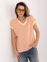 Jasnożółto-czerwony t-shirt oversize z dekoltem V