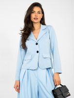 Pastel blue blazer with faux pockets.