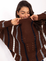 Brązowy damski sweter oversize w paski