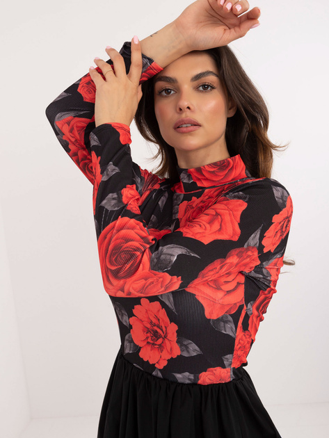 Hurt Czerwono-czarna mini sukienka koktajlowa w kwiaty