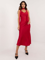 Hurt Dark red evening dress with a slit.