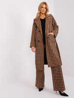 Hurt Camelowo-czarny długi płaszcz z paskiem