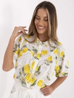 Ecru-żółta ażurowa koszula z krótkim rękawem 