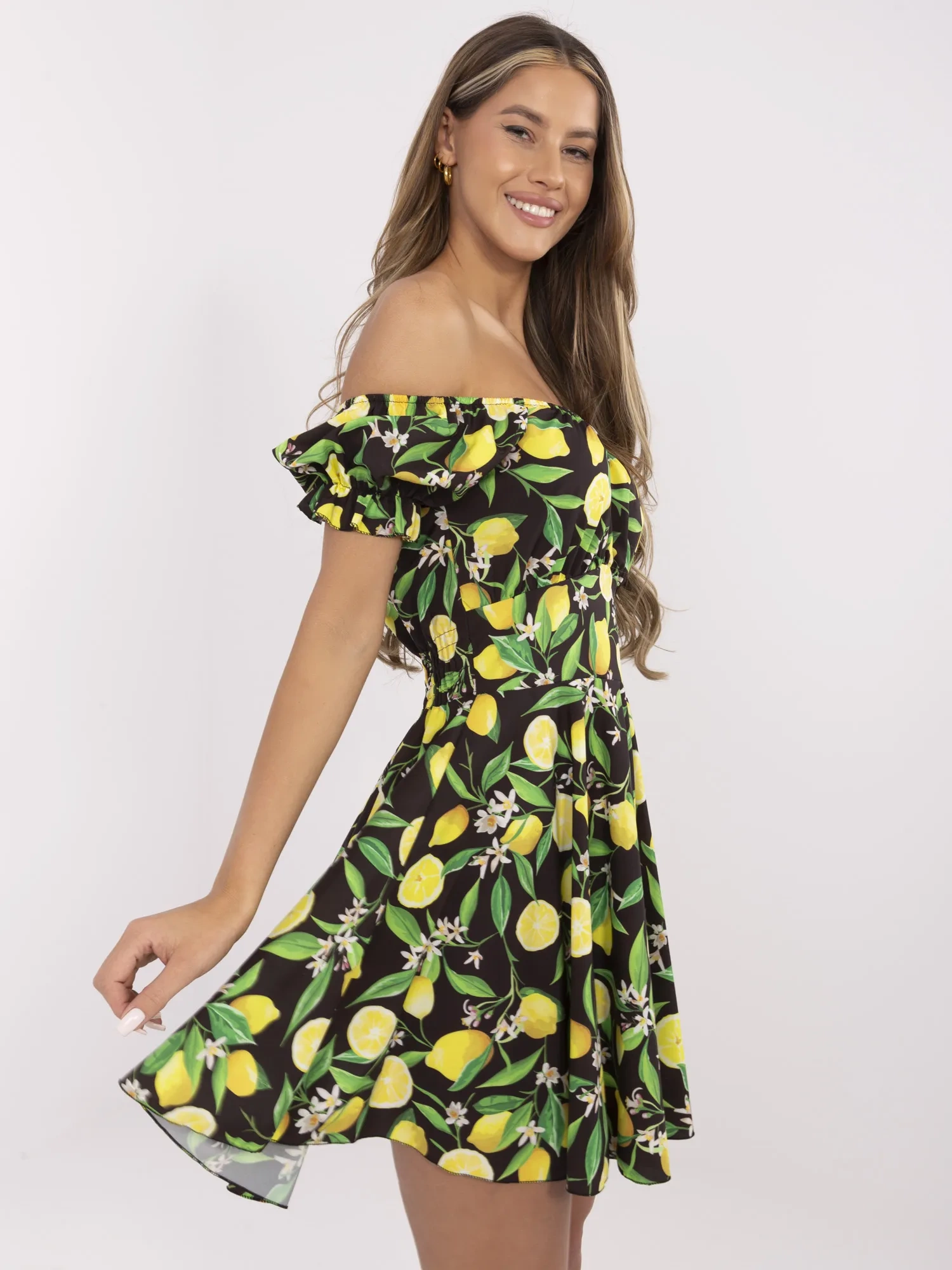 Black-yellow flared off-the-shoulder dress.