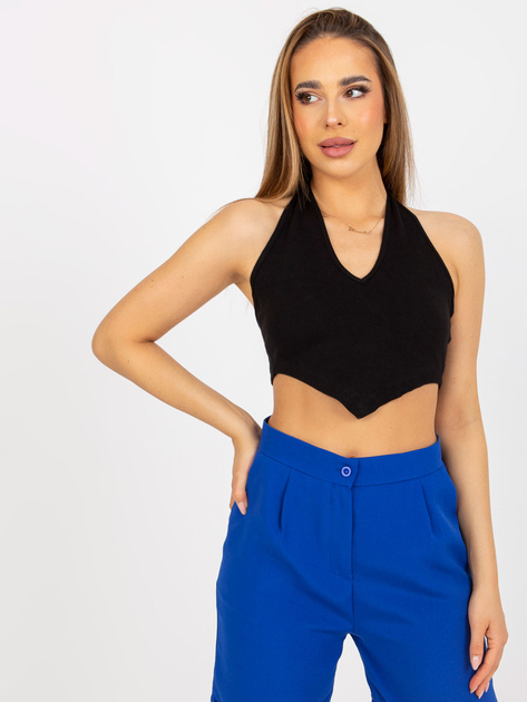 Hurtownia Czarny dopasowany crop top basic w prążki RUE PARIS