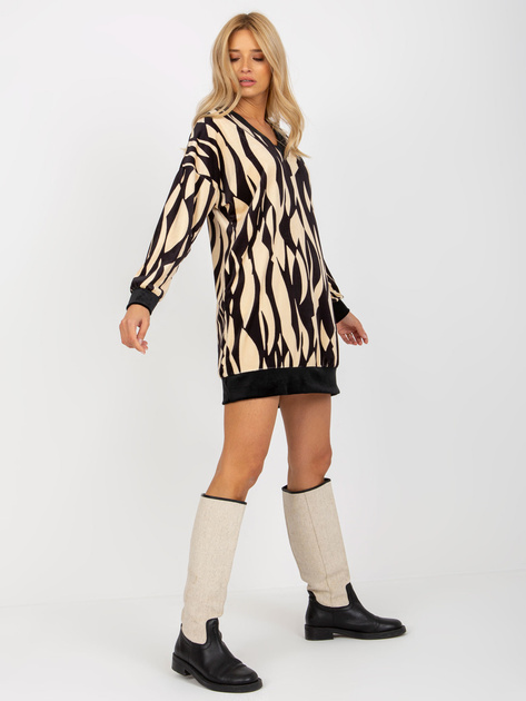 Hurt Jasnobeżowo-czarna mini sukienka welurowa z dekoltem V RUE PARIS