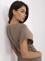 Brown muslin jumpsuit with a belt.