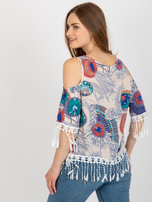 Hurt Beige Bluse mit Druck und offenen Schultern.