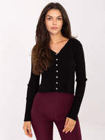 Schwarzer gestreifter Pullover mit Knöpfen.