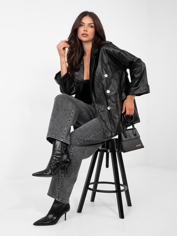 Czarna skórzana marynarka z rękawem 3/4 RUE PARIS