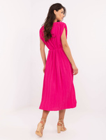 Fuchsia pleated dress with a slit.