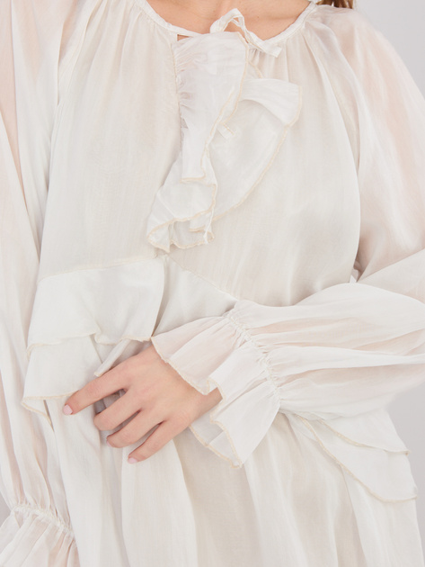 Jasnobeżowa letnia sukienka oversize z falbanami