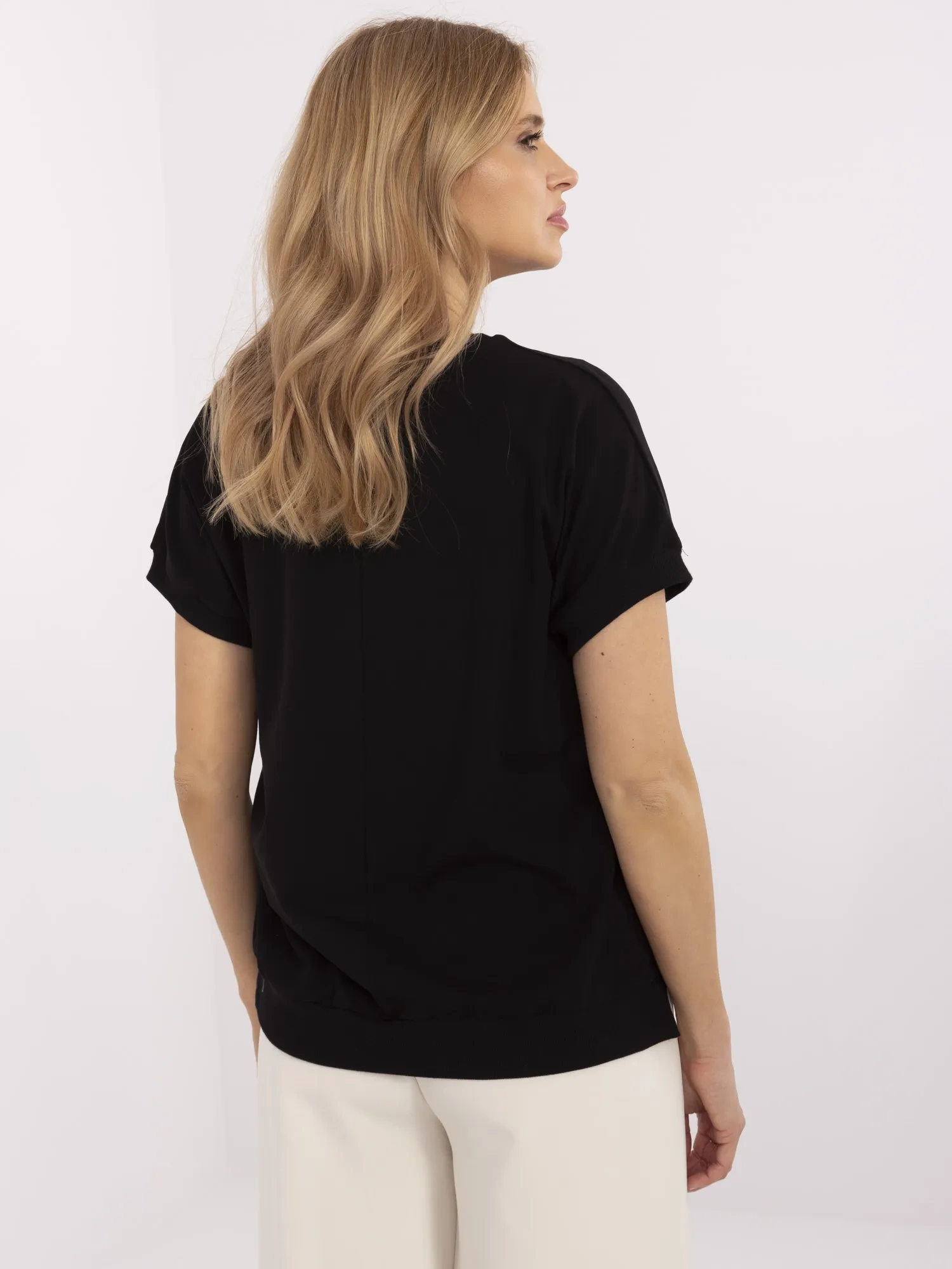Black women's short-sleeve blouse.