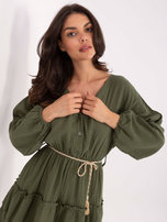 Khaki muślinowa sukienka z bufiastymi rękawami