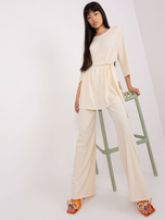 Hurt Jasnobeżowy damski komplet casualowy w prążek