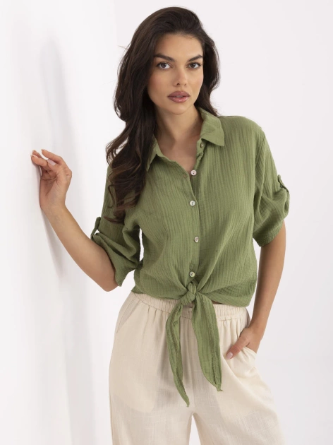 Khaki muślinowa koszula z rękawem 3/4