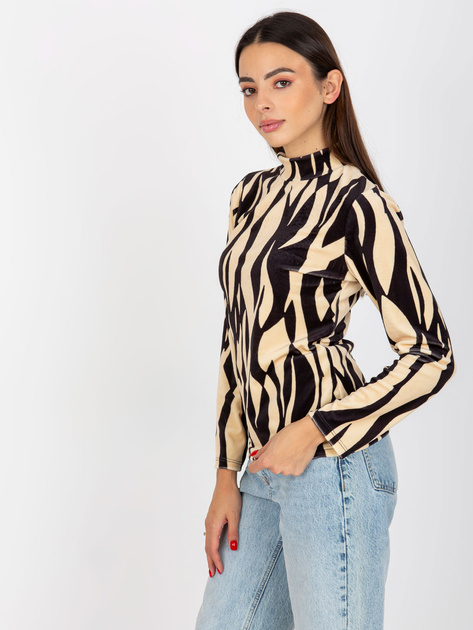 Hurt Jasnobeżowo-czarna welurowa bluzka z nadrukiem RUE PARIS